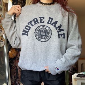 university of notre dame gray Champion crew neck sweatshirt with navy logo